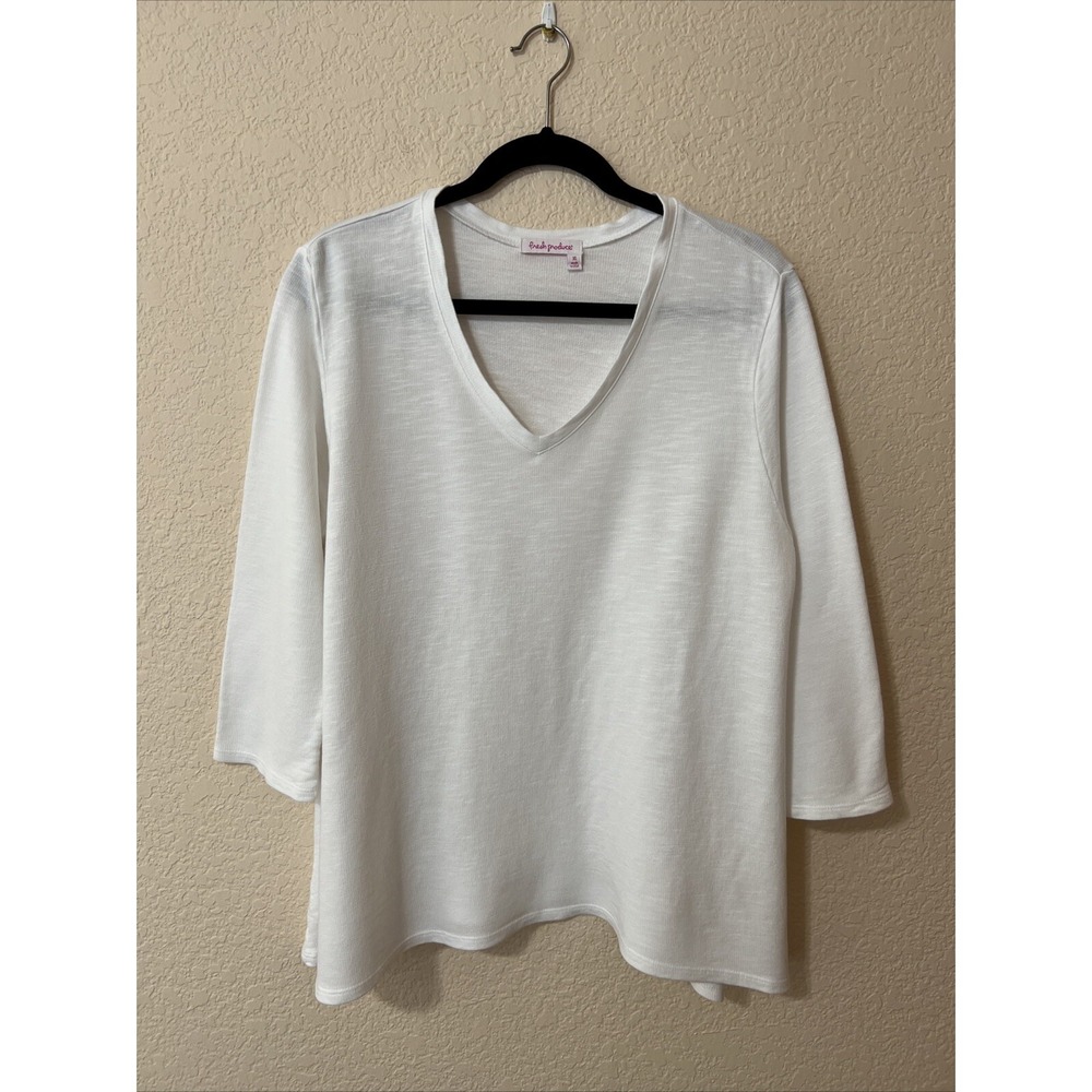 FRESH PRODUCE Top Tunic Sz XL White 3/4 Sleeve V-Neck Asymmetrical Hem Comfort